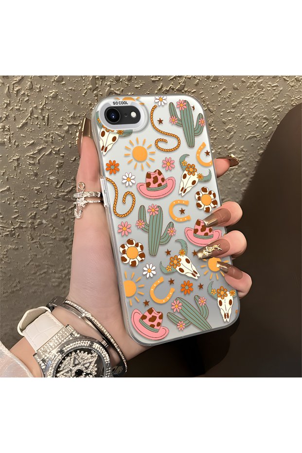 iPhone 7/8/Se 2020 2022 Compatible Western Cowboy Cactus and Sun Pattern Phone Case, Impact Protection