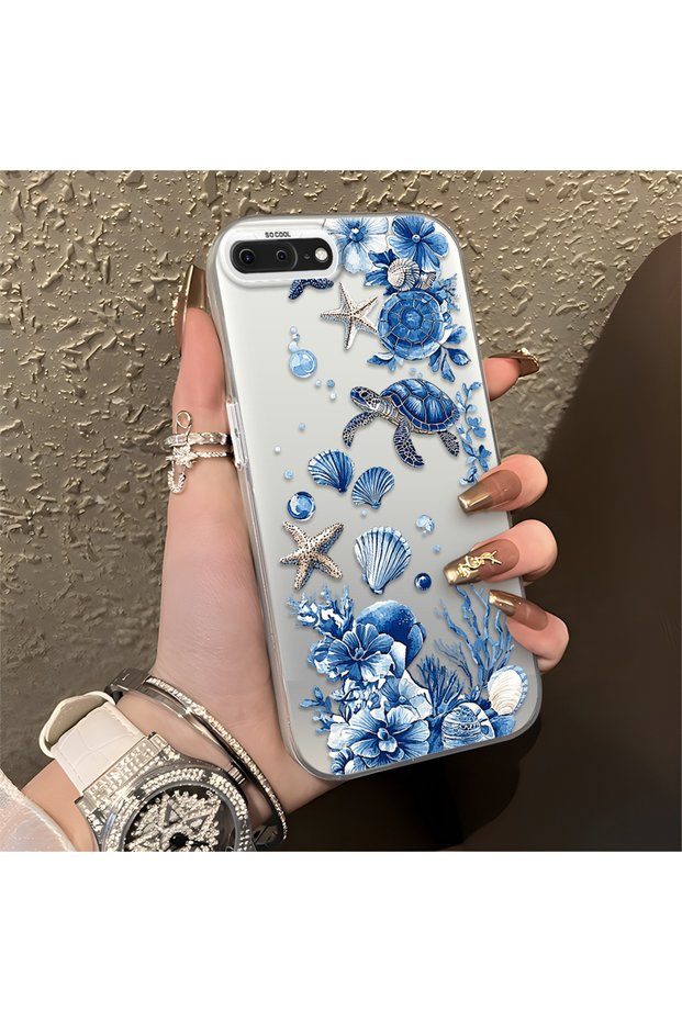 iPhone 7 Plus/8 Plus Compatible Blue Turtle, Shell and Coral Pattern Cover, Shock-Absorbing Structure