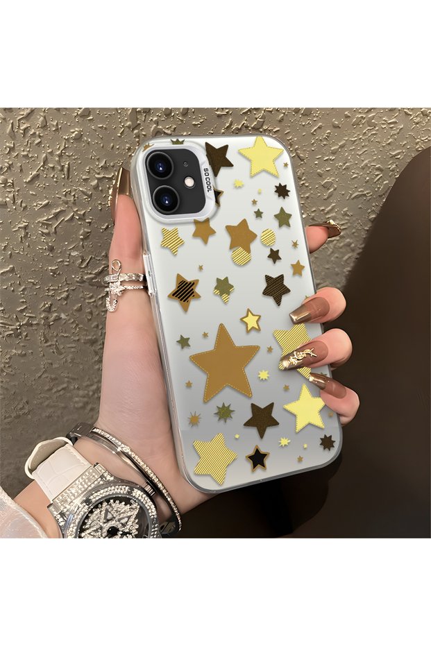iPhone 12/12 Pro Compatible Retro Coffee Tone Star Sticker Printed Case, Aesthetic Design