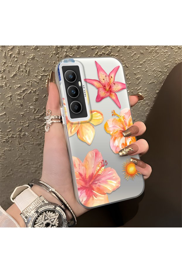 Realme C65 4g Compatible Watercolor Tropical Flower and Sun Pattern Phone Case, Impact Resistant