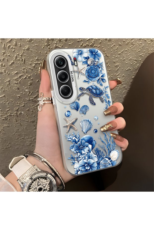 Tecno Camon 40 Compatible Blue Turtle, Shell, and Coral Pattern Cover, Shock-Absorbing Structure
