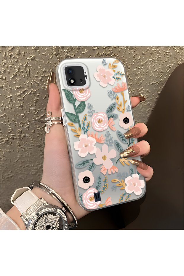 Realme C20/C20A Compatible Pink Spring Flower and Green Leaf Pattern Phone Case, Shock Protection