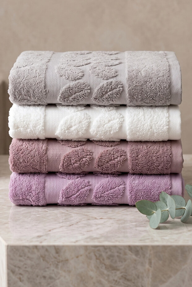 4-Piece Leaf Jacquard Towel Set | 50X90 Hand, Face, and Hair Towel | 100% Cotton | High Absorbency, Fast Drying