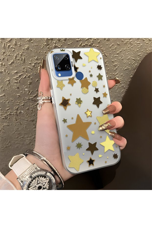 Realme C15/C25/C25S Compatible Retro Coffee Tone Star Sticker Printed Case, Aesthetic Design