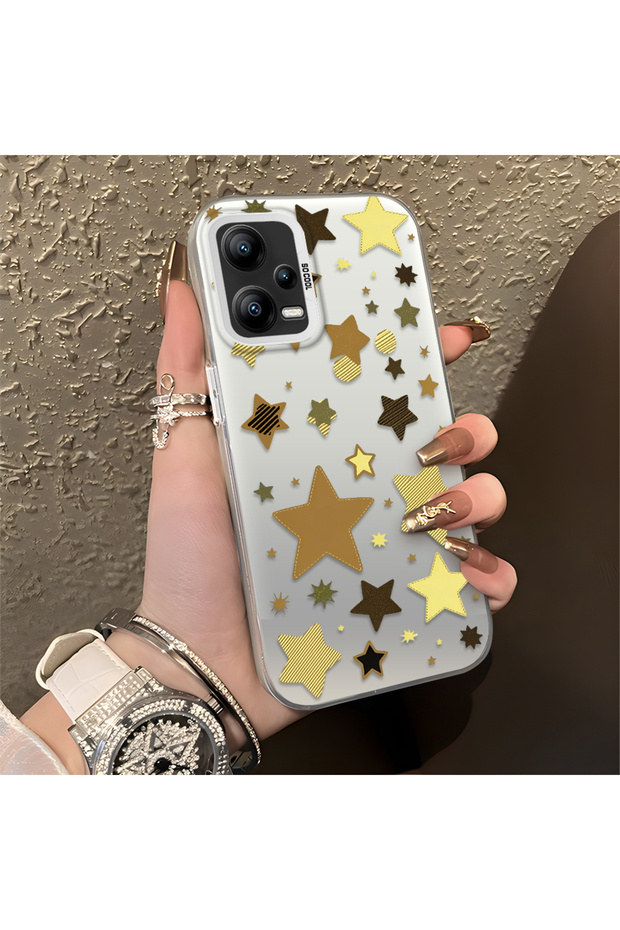 Redmi Note 12 5g Compatible Retro Coffee Tone Star Sticker Printed Case, Aesthetic Design