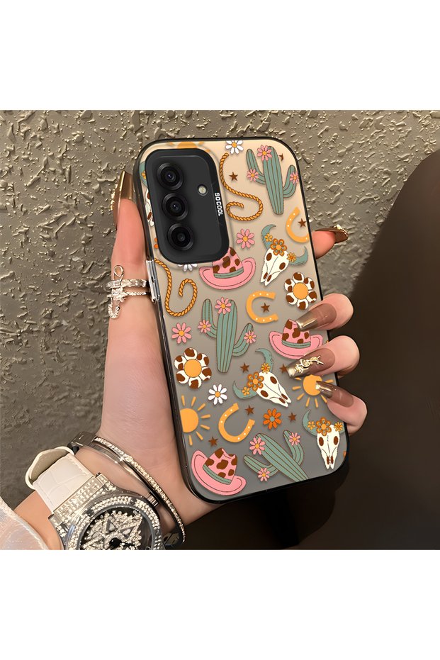 Samsung Galaxy A17 4G/5G Compatible Western Cowboy Cactus and Sun Pattern Phone Case, Shock Protection