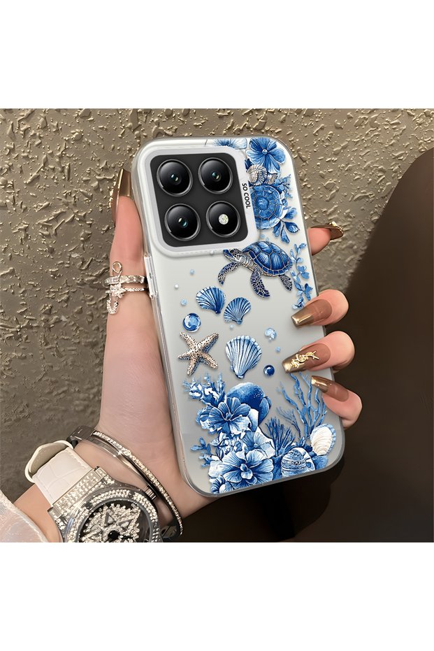 Mi 14t Compatible Blue Turtle, Shell and Coral Pattern Cover, Shock-Absorbing Structure