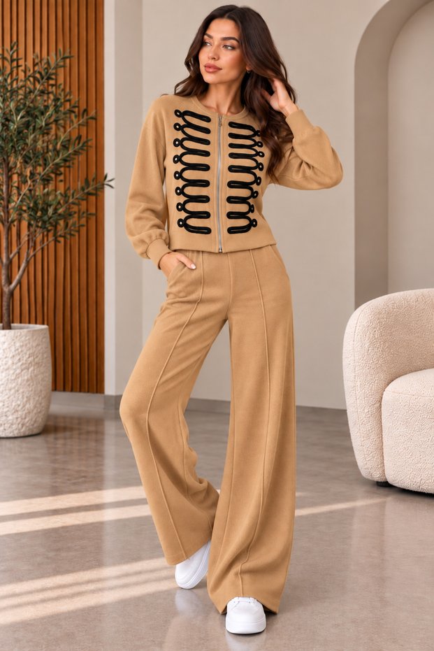 Women's Accessory Detailed Zippered Stylish Knitwear Two-Piece Set