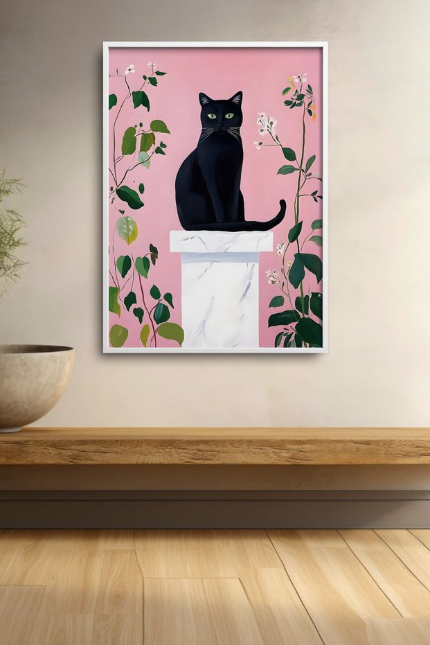 Pink Black Cat with Flowers on the Wall Framed Painting Cat Poster Modern Wall Decor Kedi36