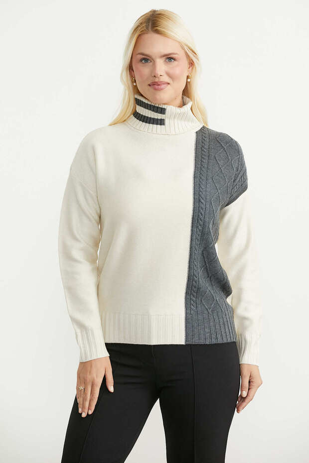 Full Fisherman Motif Combination Knitwear Sweater - Light Beige