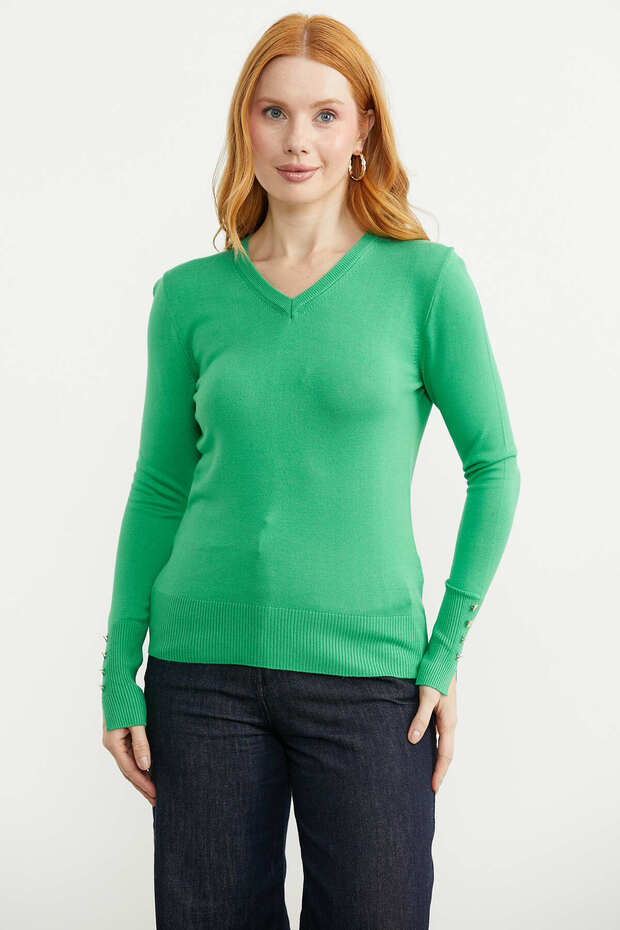 Cuff Detail V-Neck Knit Sweater - Green