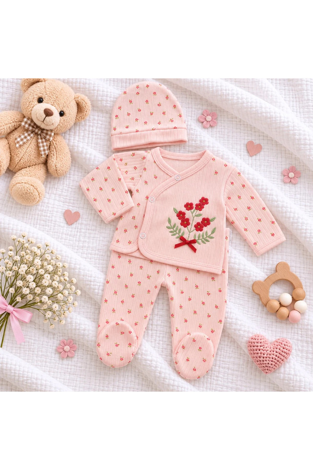 Flower embroidered 3 piece baby set