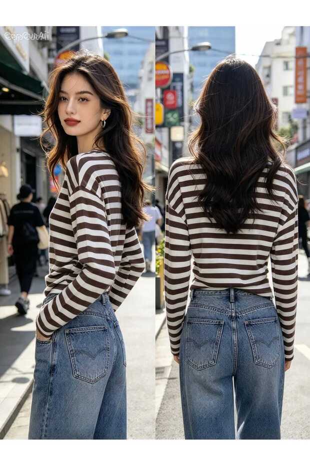 Women's Striped Crew Neck Long Sleeve Blouse