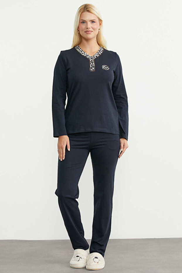 Long Sleeve Viscose Pajama Set - Navy Blue