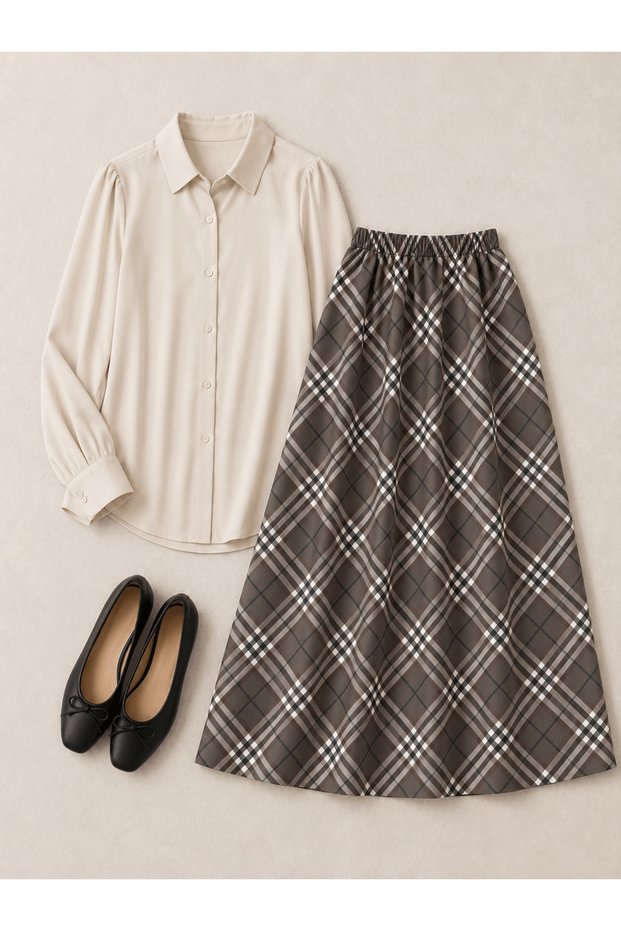 Plaid Pattern Scuba Skirt - Khaki