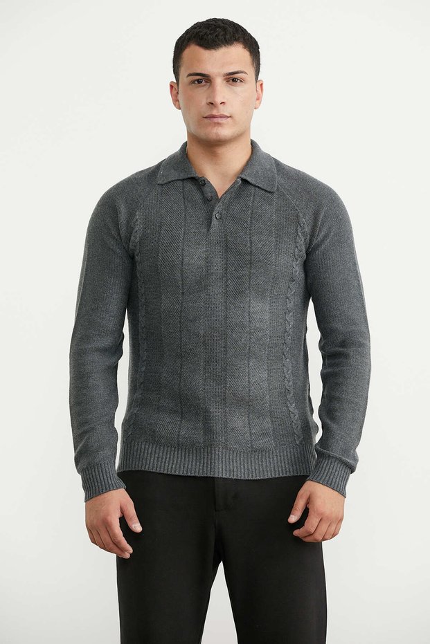 Polo Collar Half-Button Knit Sweater - Dark Gray