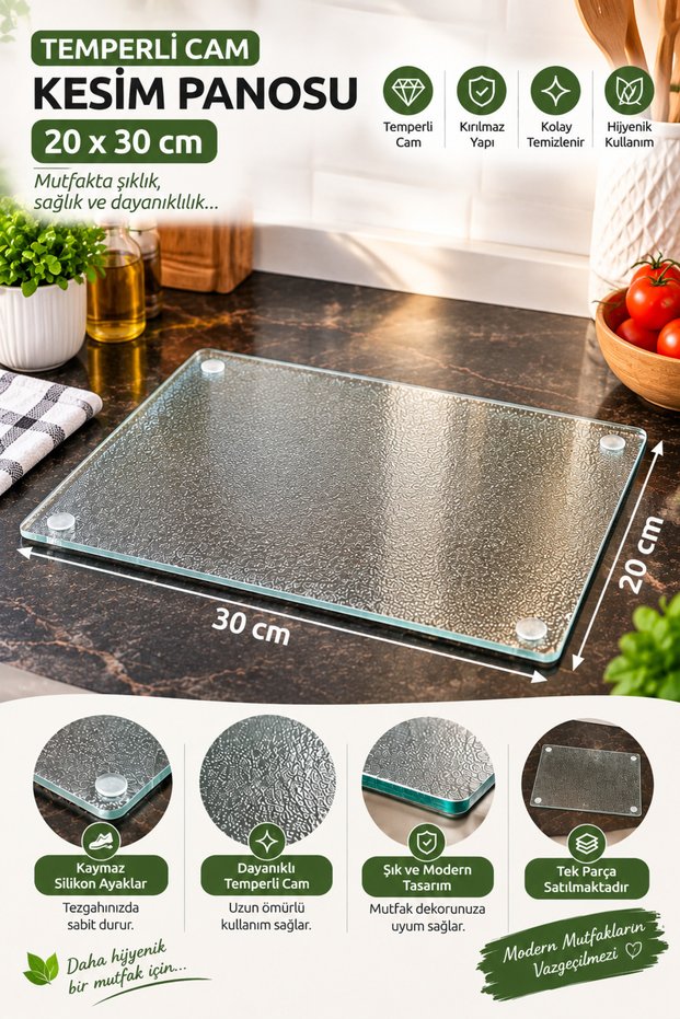20X30 cm Tempered Glass Cutting Board – Kitchen Board with Non-Slip Silicone Base
