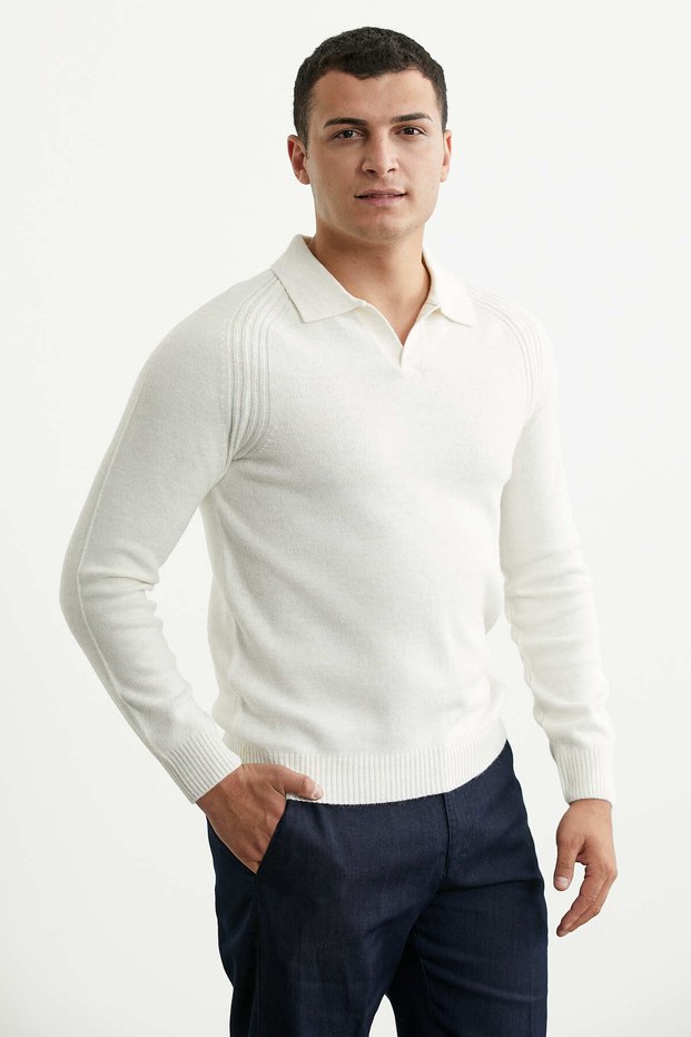 Turn-Down Collar Basic Knitwear Sweater - Bone