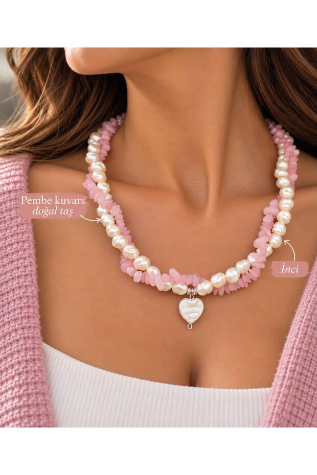 Handmade Pink Quartz Natural Stone and Pearl Detailed Heart Pendant Women's Necklace – Special Design