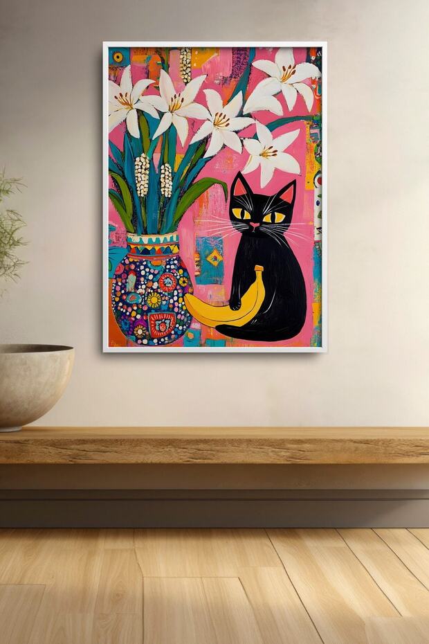 Black Cat with Lilies and Bananas Framed Art Print Cat Poster Modern Wall Decor Kedi33