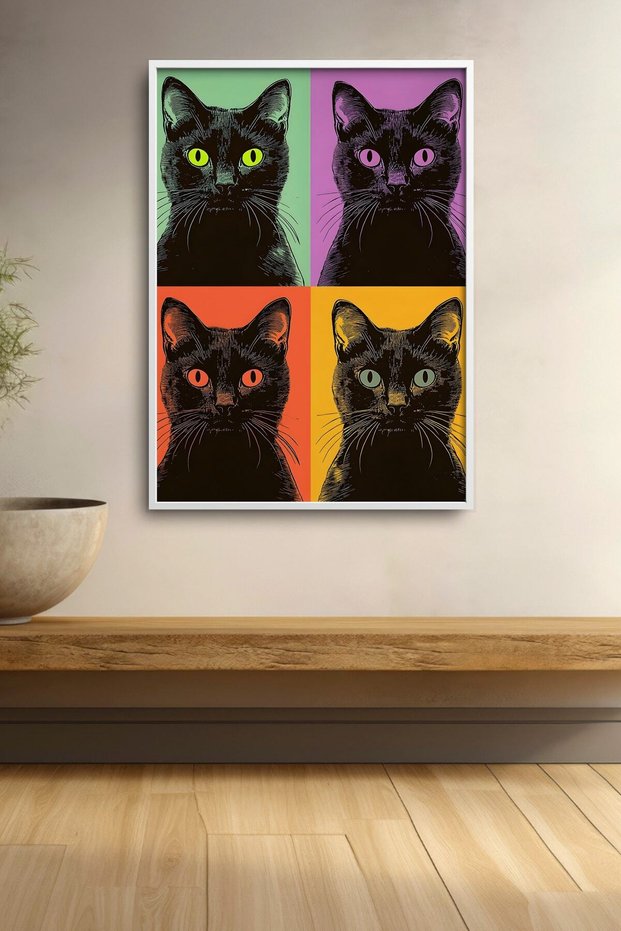 Pop Art Four Color Black Cat Framed Painting Cat Poster Modern Wall Decor Kedi19