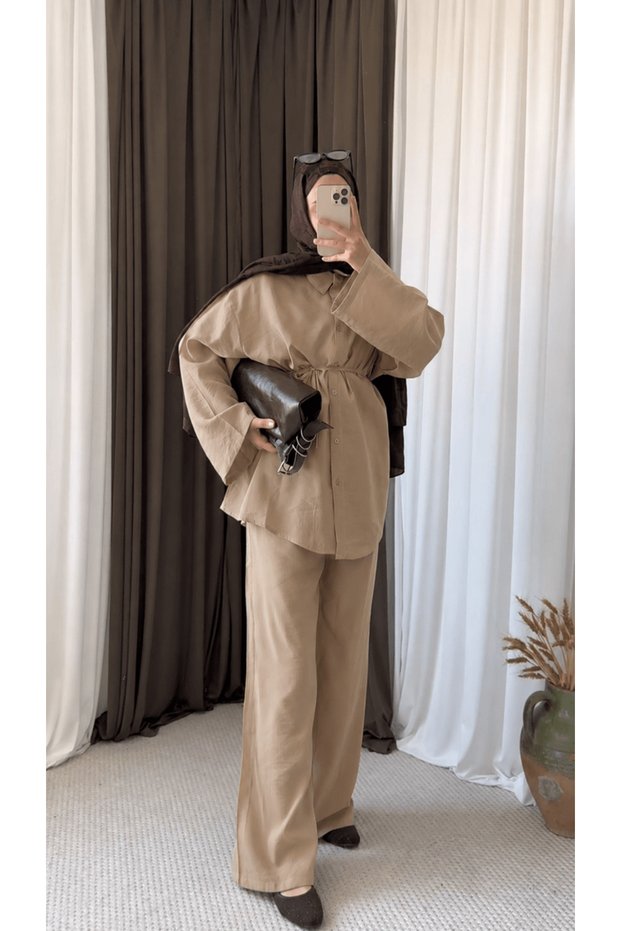 Oversize Trouser Suit with Piping Belt - 61843 - Mold Green