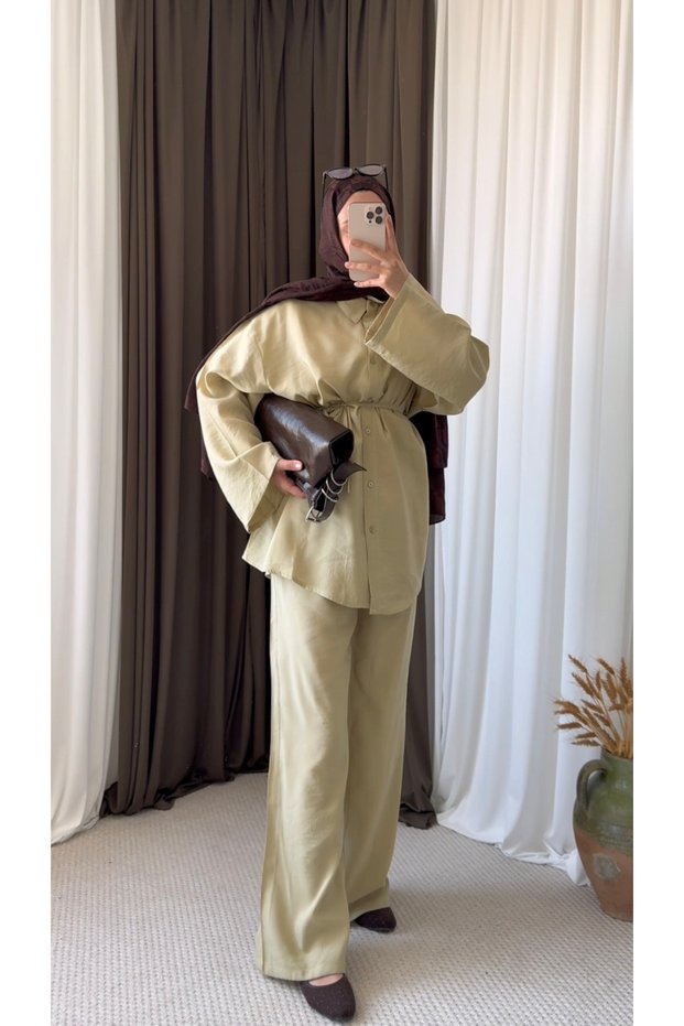 Oversize Trouser Suit with Piping Belt - 61843 - Green