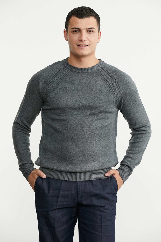 Crew Neck Basic Knit Sweater - Dark Gray