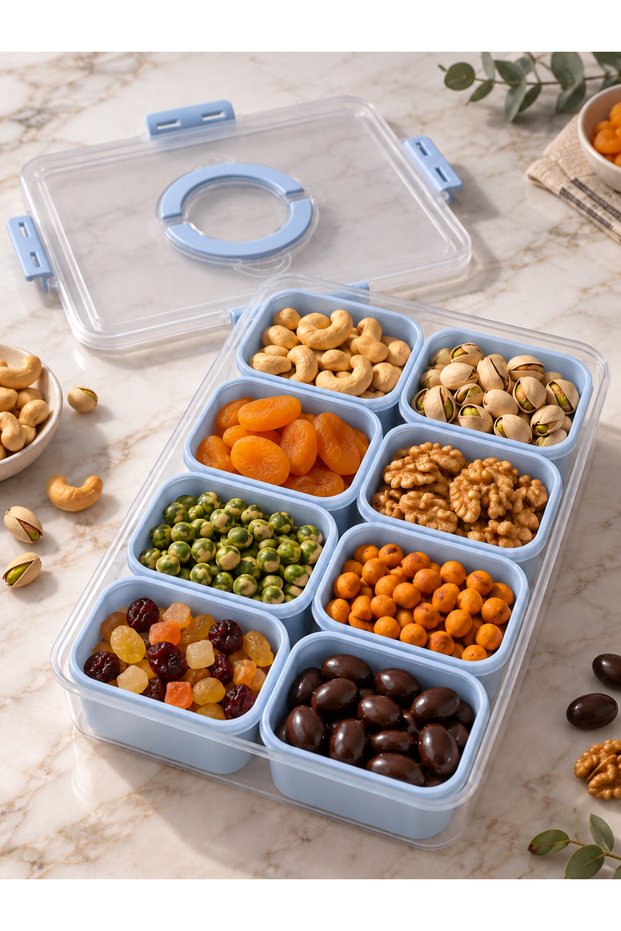 Blue 8-Compartment Lidded Breakfast and Snack Storage Box with Removable Containers and Carrying Handle