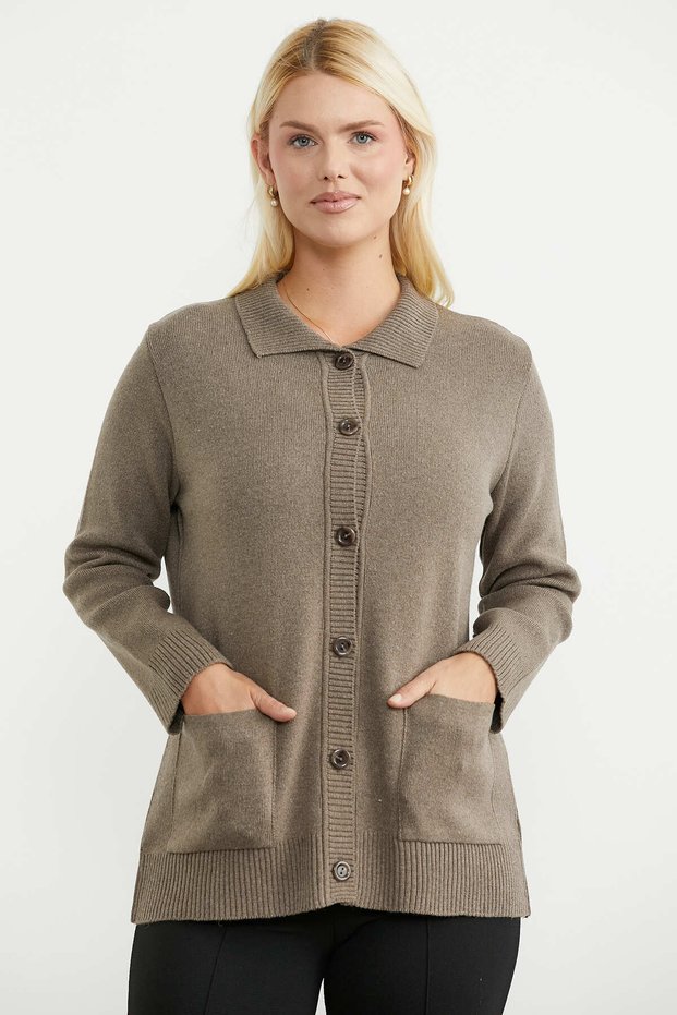 Shirt Collar Buttoned Wool Knitwear Cardigan - Milk Coffee