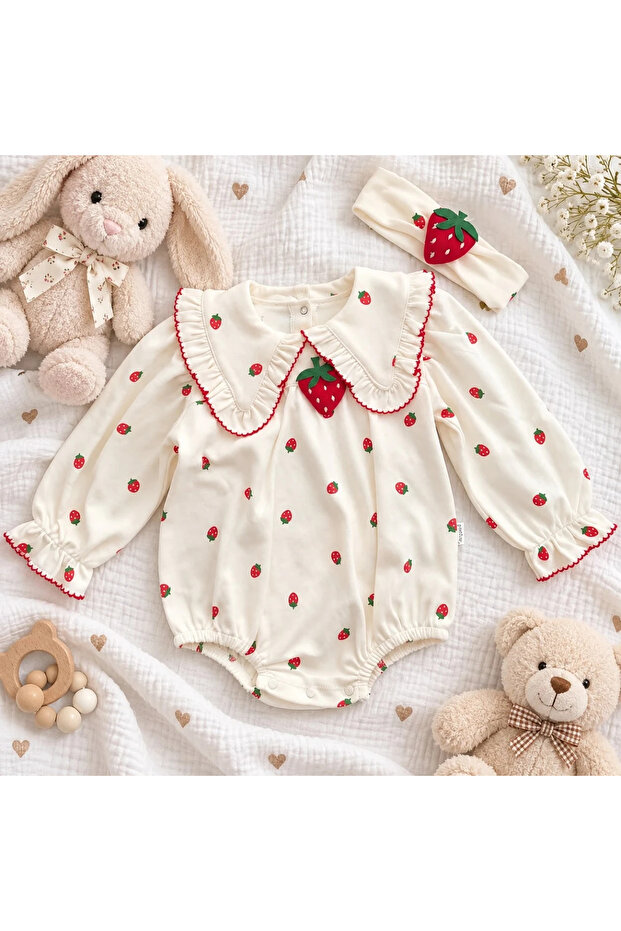 Strawberry Printed Romper Dress with Hairband