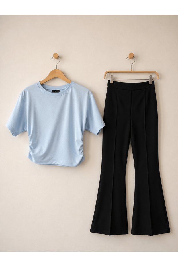 Short Sleeve Side Gathered Oysho Blouse - Cvx - Baby Blue