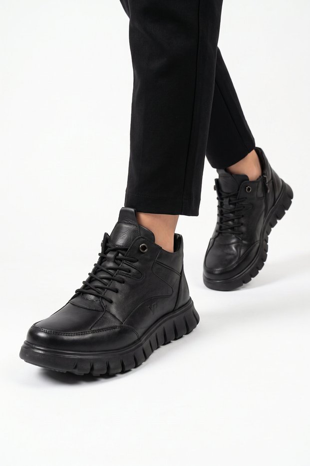 Black Genuine Leather Anatomical Comfortable Winter Rubber Sole Zippered Women's Boots Z1115