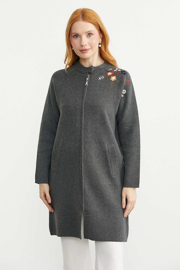 Embroidery Detailed Long Wool Turkish Cardigan - Dark Gray