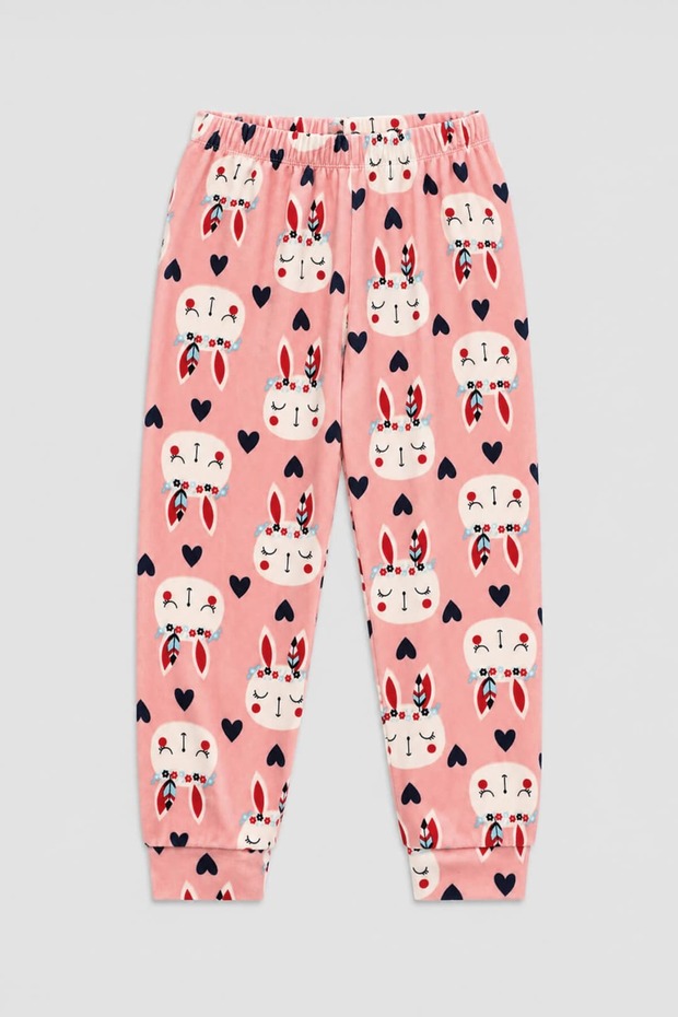 Girl's Rabbit Patterned Soft Velvet Textured Pink Pajama Bottoms
