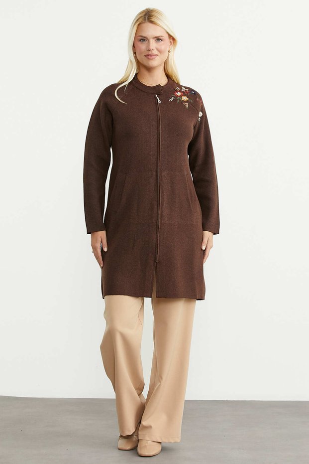 Embroidery Detailed Long Wool Turkish Cardigan - Brown