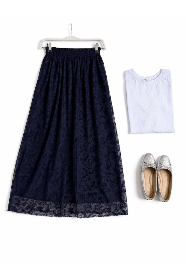 Flocked Printed Tulle Skirt - Navy Blue