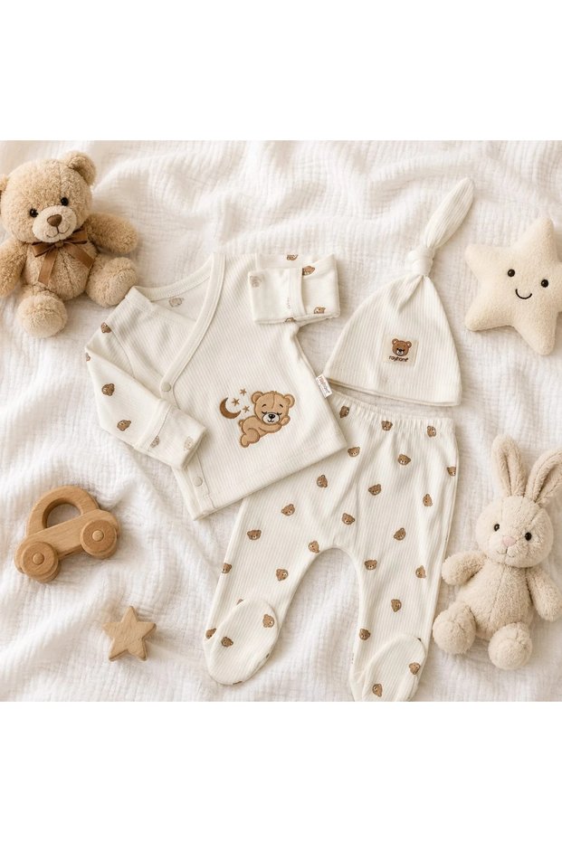 Uykucu Bear Embroidered Stylish Set of 3 with Foldable Gloves