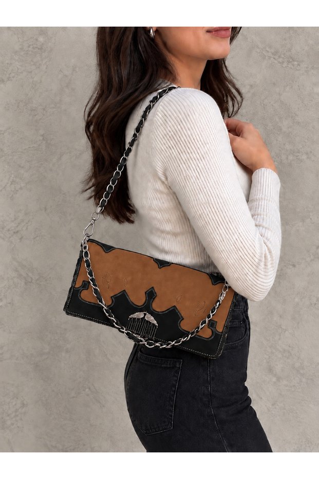 General Brands Women's Wing Patterned - Double Chain Braided Strap Flap Shoulder and Crossbody Bag
