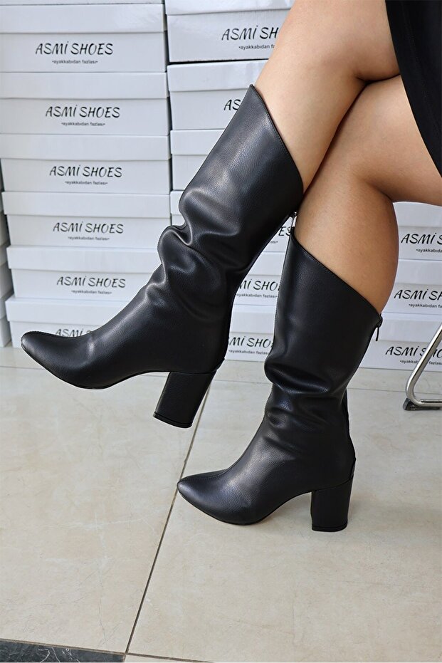 Women's Kimber Black Bellows 7 cm Heeled Back Zipper Pointed Toe Thick Heel Boots