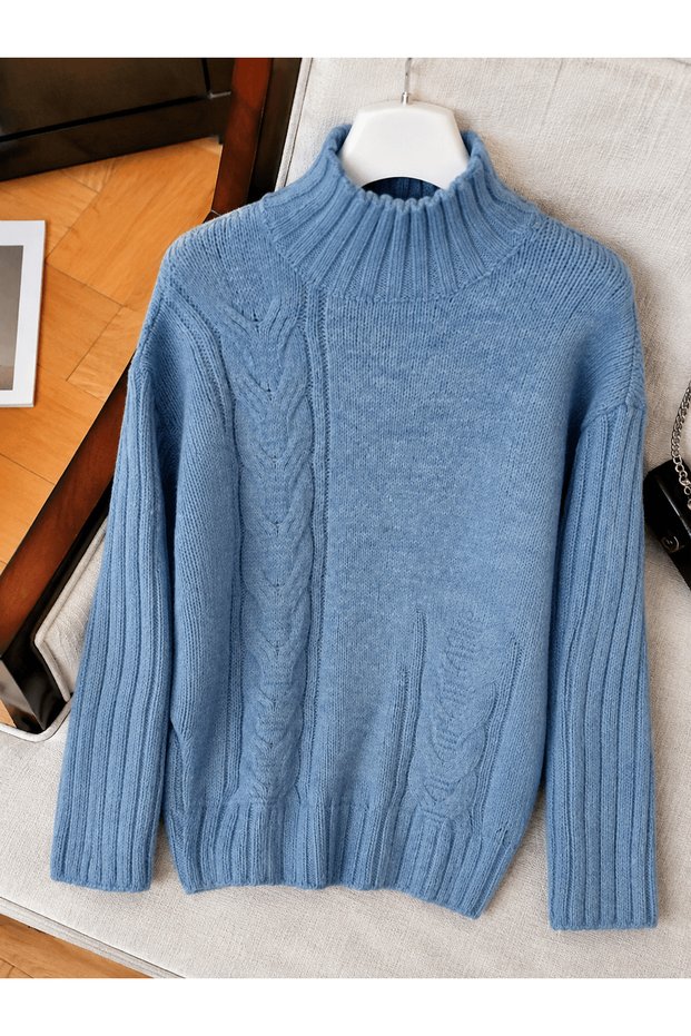 Hair Braid Detailed Full Turtleneck Knitwear Sweater - Baby Blue