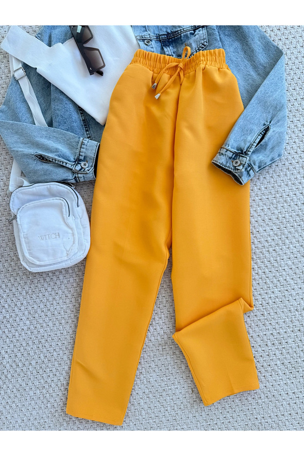Elastic Waist Fabric Trousers - Yellow