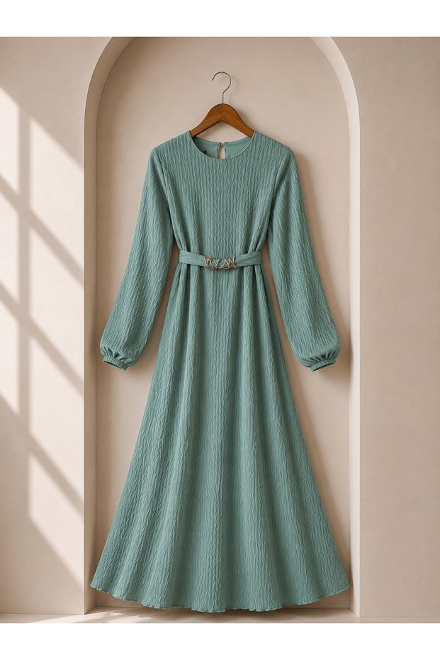 Glittery Crinkled Pleated Dress - Mint Green