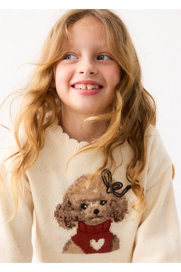 Girl's Dog Detailed Cream Sweater