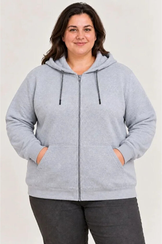 Oversized plus size three-thread fleece-lined hooded full-zip winter sweatshirt - grey