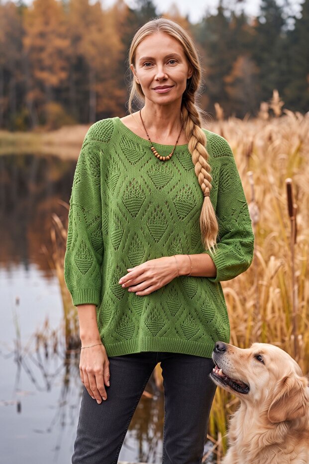 Green Boat Neck 3/4 Sleeve Diamond Patterned Casual Mercerized Oversize Knitwear Sweater 65 70