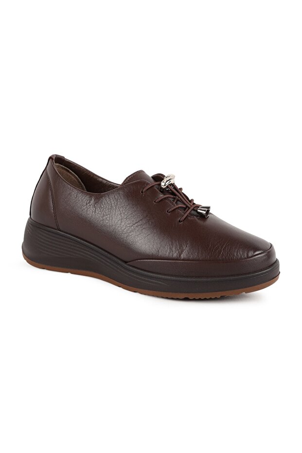 Women's Comfort Shoes L10.104 Brown Genuine Antique Leather Practical Rubber Laces Metal Clay