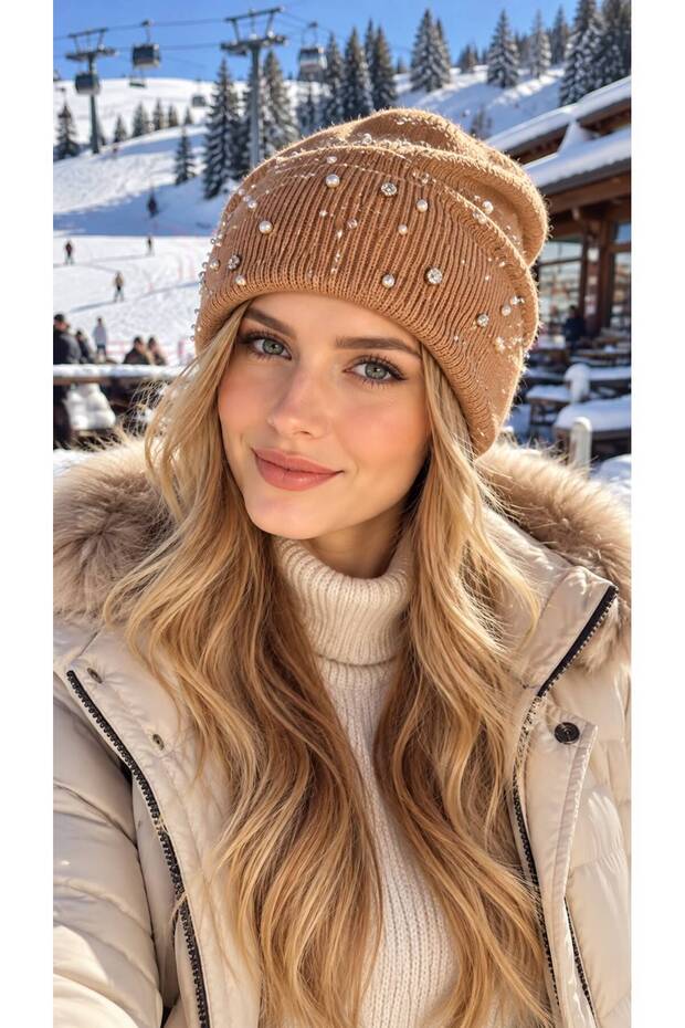 Camel Stone Embroidered Soft Textured Knitwear Women's Beanie