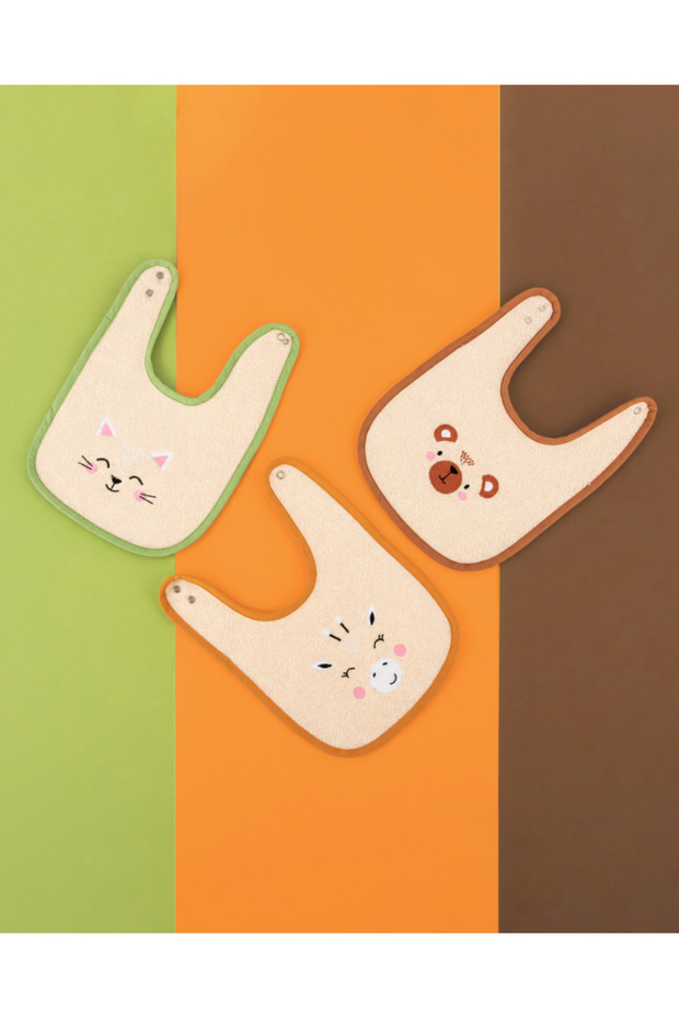 Little Series 3-Piece Baby Bib Set - 100% Cotton Terry Fabric - Bear, Giraffe and Cat Patterned