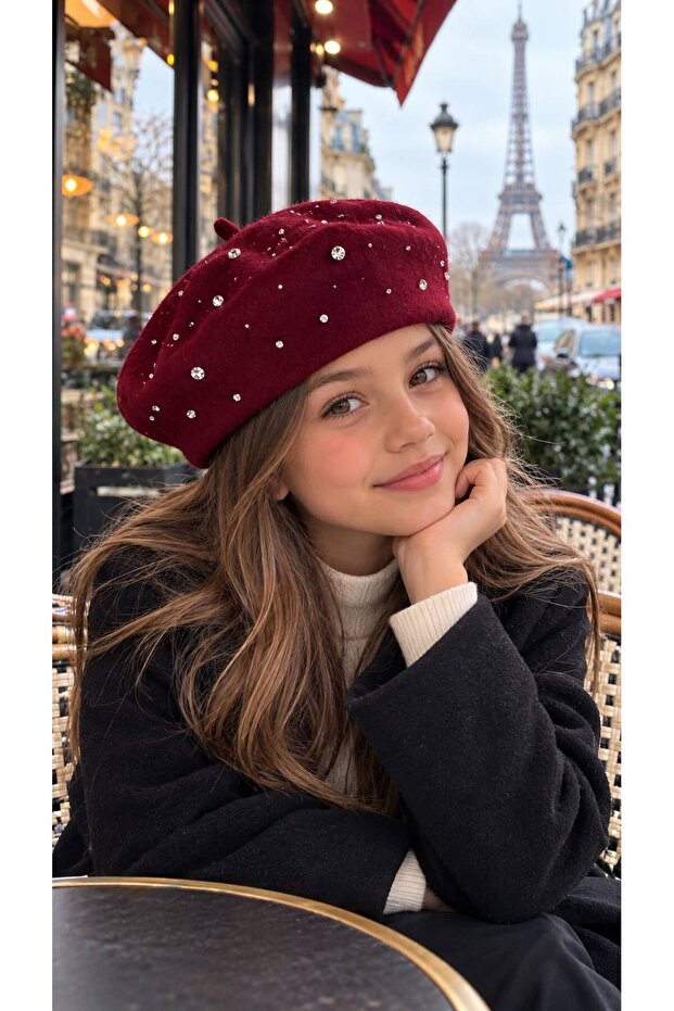 Burgundy Stone Embroidered Soft Textured French Painter Girl's Beret 10-18 Years Old
